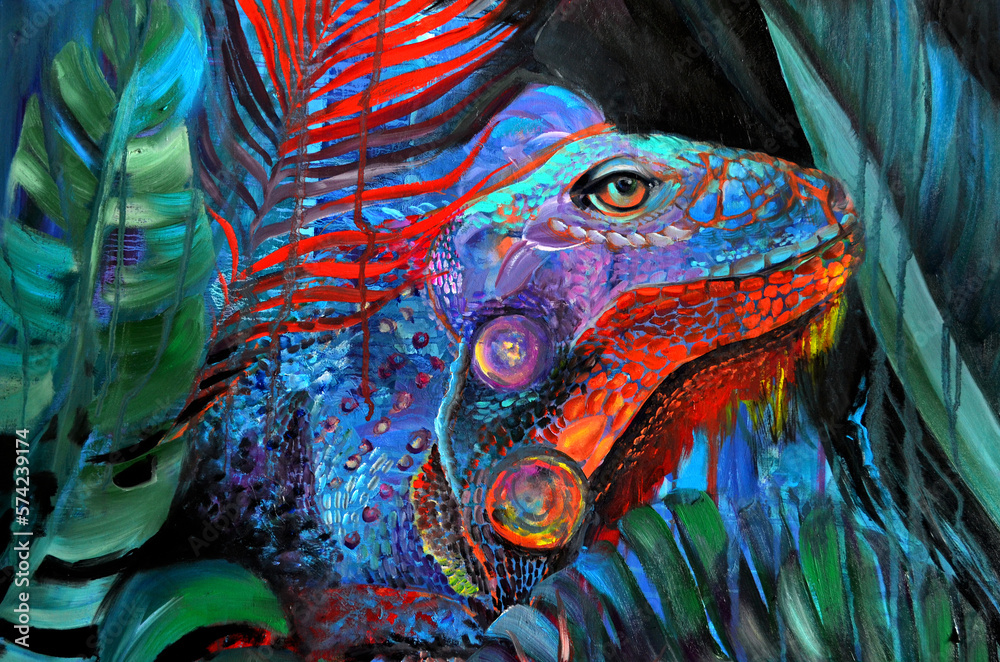 Original oil painting. Iguana in tropical leaves. Multicolored lizard  