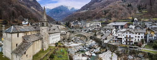most beautiful Alpine villages of northern Italy- Lillianes, medieval borgo in Valle d'Aosta region, aerial drone view.