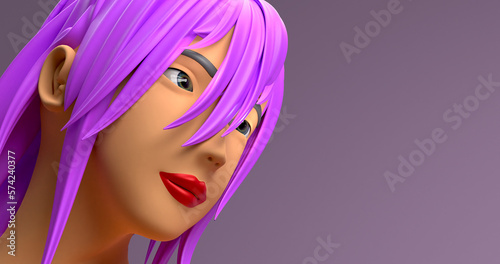 Manga 3D render girl with purple hair future sci-fi looking to future