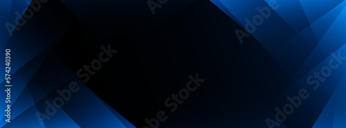 Abstract dark blue gradient horizontal banner background with geometric triangle shape overlay and glowing lines. Modern paper cut texture design with space for text. Perfect for posters, covers, head