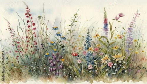 Watercolor painting vibrant spring flowers in a meadow. - Ai Generated. #6