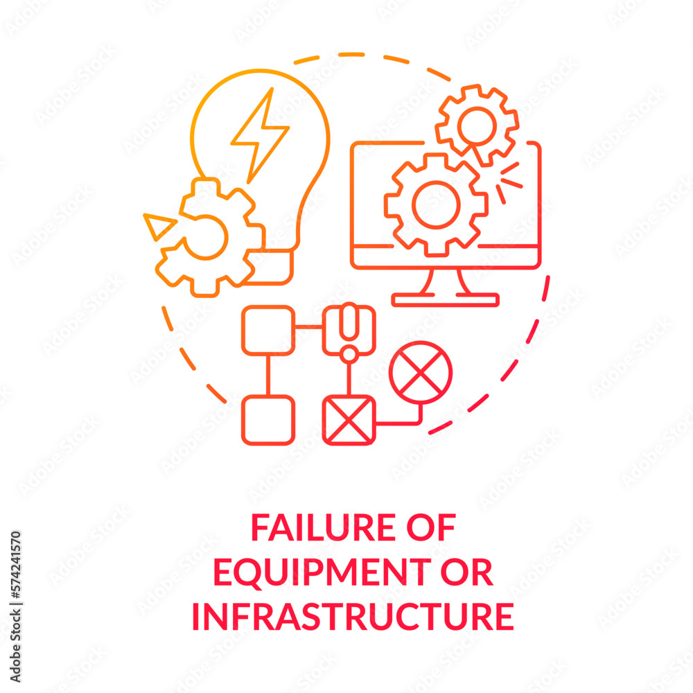 Failure of equipment or infrastructure red gradient concept icon. Power outage. Disaster type abstract idea thin line illustration. Isolated outline drawing. Myriad Pro-Bold font used Failure of equipment or infrastructure red gradient concept icon. Power outage. Disaster type abstract idea thin line illustration. Isolated outline drawing. Myriad Pro-Bold font used