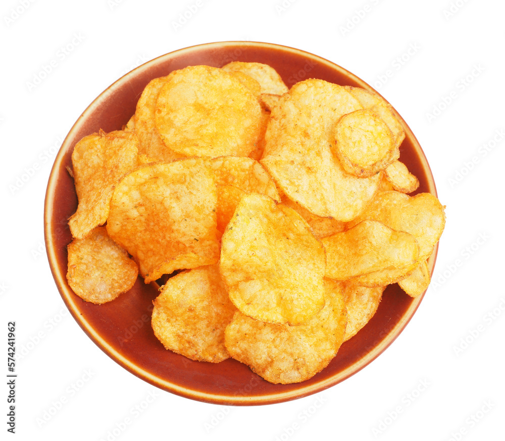 Tasty potato chips on a transparent background, unhealthy food Tasty potato chips on a transparent background, unhealthy food