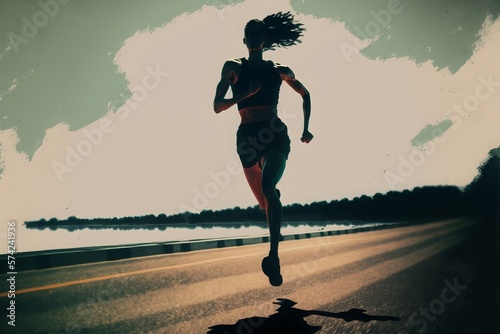 Illustration of a woman in shadows running, generative ai