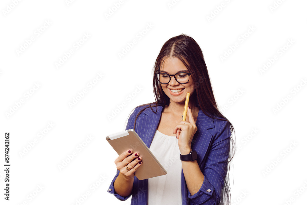 Adorable brunette in glasses with long hair dressed in dark blue suit cute smiling, holding tablet, looks happy, makes video call, over transparent background with copy space. People sincere emotions Adorable brunette in glasses with long hair dressed in dark blue suit cute smiling, holding tablet, looks happy, makes video call, over transparent background with copy space. People sincere emotions