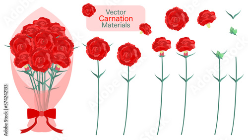 赤いカーネーションの花の素材。花や蕾、花束。フラットなベクターイラストセット。
Red carnation flowers material set.  Flowers, buds and a bouquet. Flat designed vector illustrations.