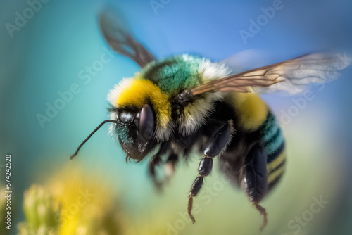 Close up of bumblebee flying and collecting nectar pollen around garden. The subject of entomology, pollination, insect collection. generative ai © BlazingDesigns