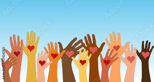 Group of raised arms and hands. Diverse people holding a heart. Charitable donation and volunteer work. Support and assistance. Multicultural and multiethnic community.Diversity of people