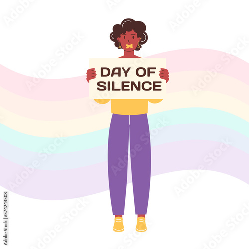 LGBT Day of Silence. An African-American woman holds a banner with the words "Day of Silence" with her mouth taped over