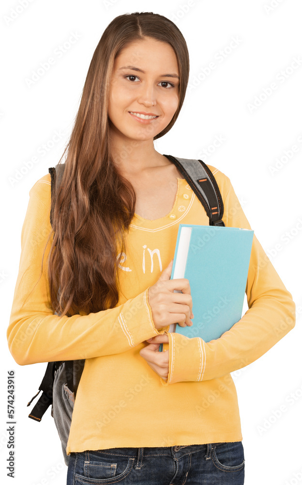 Beautiful young woman student with book and backpack Beautiful young woman student with book and backpack