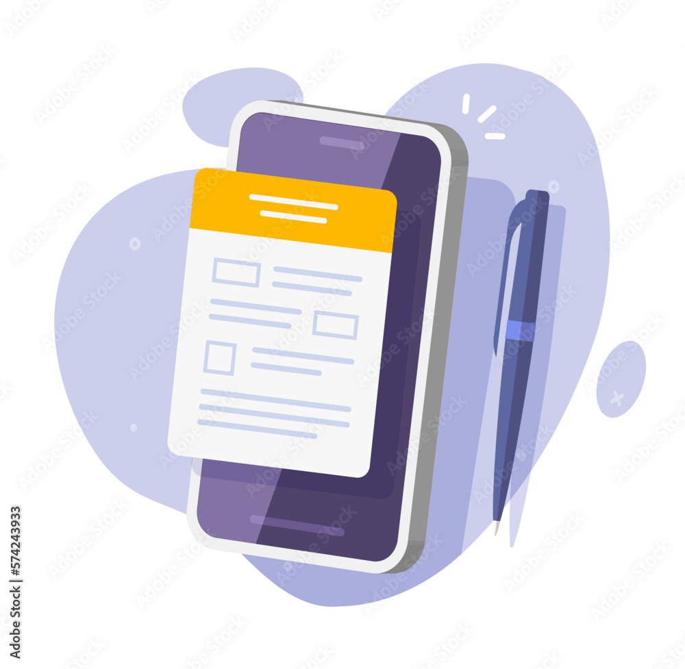 Online form application filling on cell phone icon vector 3d, digital electronic mortgage credit claim list statement on mobile app cellphone, survey submission apply, questionnaire interview document