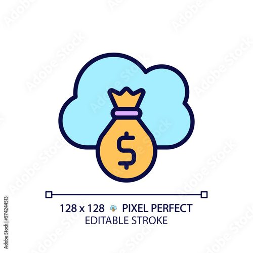 Cloud service cost pixel perfect RGB color icon. Expenses for virtual servers usage. Regular online payments. Isolated vector illustration. Simple filled line drawing. Editable stroke