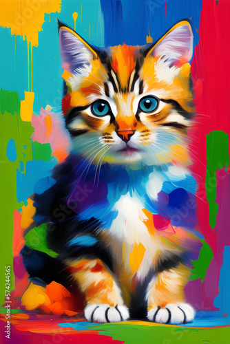 Oil cat portrait painting in multicolored tones.
