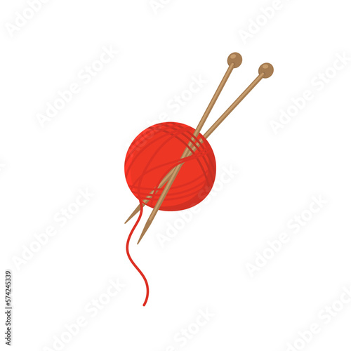 Dark orange knitting wool with wooden needles isolated on white background. Cartoon vector illustration.