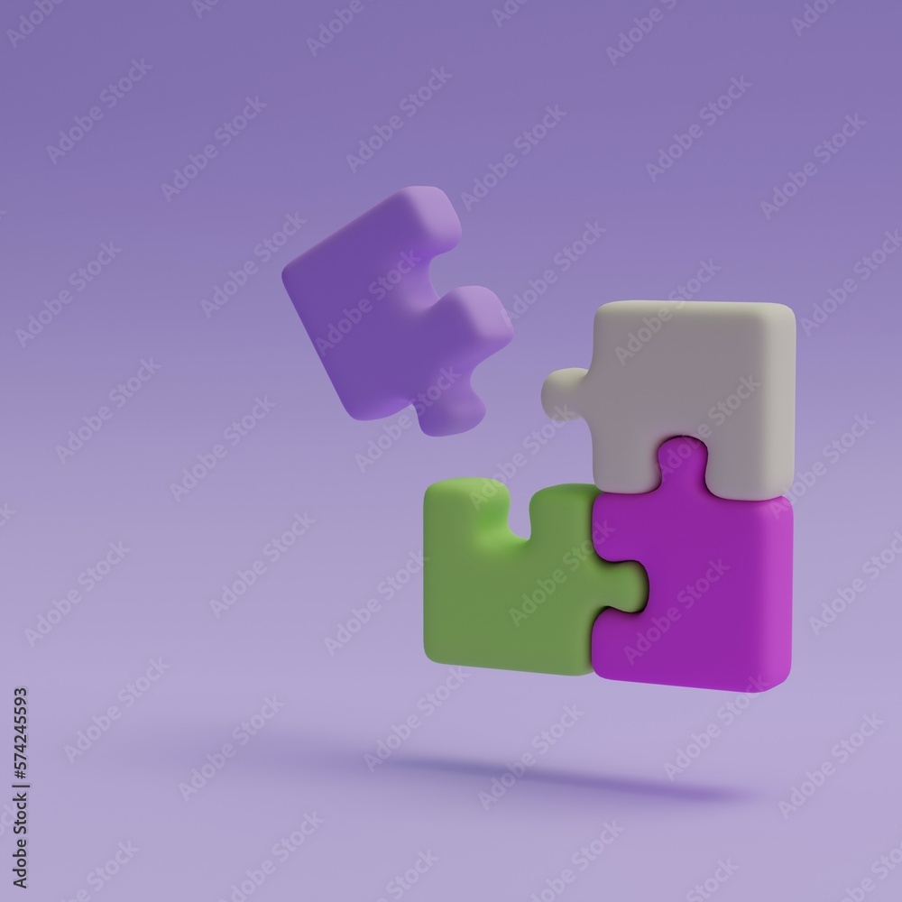 Connection together puzzle pieces on a purple background, Business success solution. 3D illustration. Connection together puzzle pieces on a purple background, Business success solution. 3D illustration.