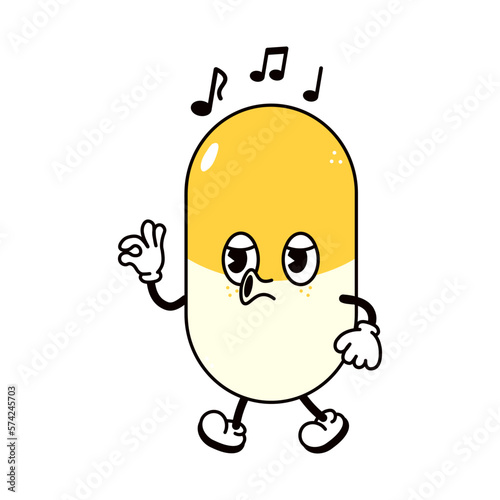 Cute funny pill walking singing character. Vector hand drawn traditional cartoon vintage retro, kawaii character illustration icon. Isolated white background. Pill walk sing character