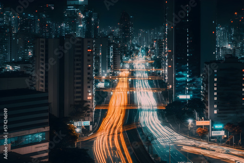 Aerial view of a city street at night time  long exposure of the car lights - generative ai