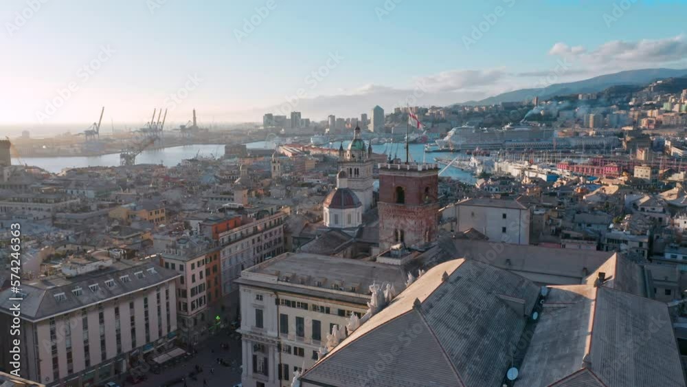 Aerial over historic old city of Genoa, Italy - skyline view of Porto Antico Aerial over historic old city of Genoa, Italy - skyline view of Porto Antico
