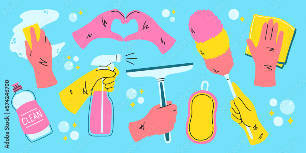 Cleaning set supplies, bottles, spray, sponge, gloves. Various Cleaning items. Housework concept. Hand drawn style