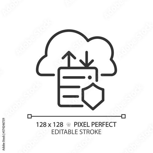 Data migration to cloud pixel perfect linear icon. Data transfer to online storage. Innovative technology of computing. Thin line illustration. Contour symbol. Vector outline drawing. Editable stroke