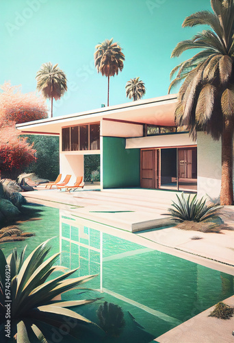 exterior of home in palm with swimming pool, AI Generated