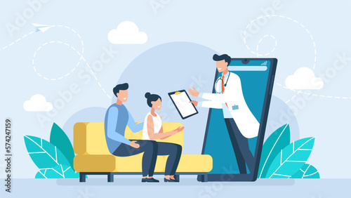 Young Couple Communicate with Therapist Doctor. Psychological consultation online. The couple in psychological therapy. Internet Mobile Online Conversation. Home Consultation. Vector Illustration