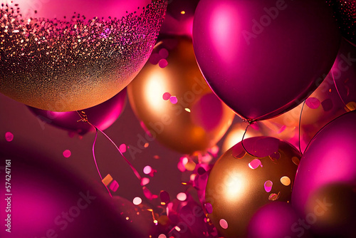 Magenta, Pink background with balloons, confetti, sparkles, lights. Anniversary.Banner for birthday, party, Christmas, New Year, promotion social media cover. Generative Ai.