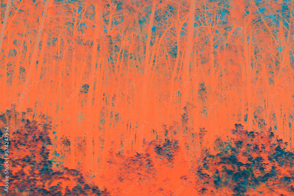 digitally effected forest landscape, orange colors in popart style are in the foreground.