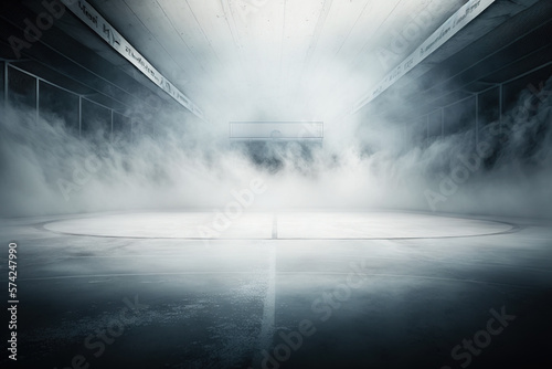 Indoor ice rink with fog and steam empty with no players and arena for spectators, illuminated sophisticates before hockey and figure skating games. Generative AI