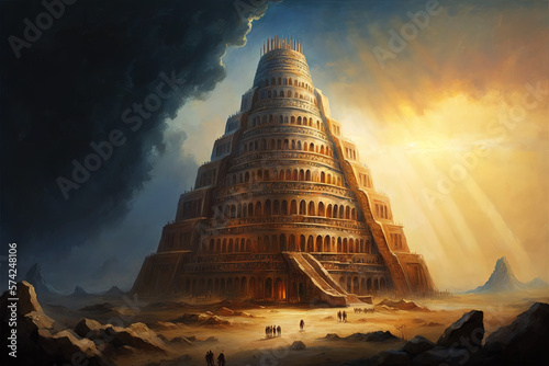 Fotografie, Obraz Ancient Babylon with tower of Babel, Generative AI