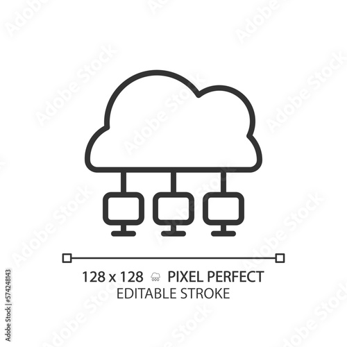 Cloud network pixel perfect linear icon. Central repository of digital data. Virtual computing system. Thin line illustration. Contour symbol. Vector outline drawing. Editable stroke