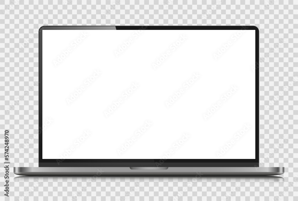 The layout of a modern laptop with a reflection on a transparent background. A realistic laptop with a dark silver case and a white screen. Vector illustration. The layout of a modern laptop with a reflection on a transparent background. A realistic laptop with a dark silver case and a white screen. Vector illustration.