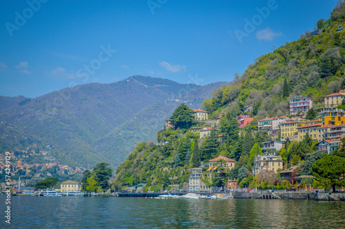 Spring in Italy  Lombardy  Milano  Como lake and city. Landscape view on hills  park  old town and water  with some interesting details  close up and panoramic.