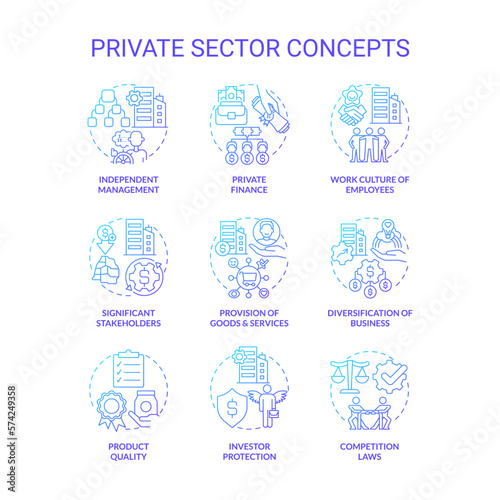 Private sector blue gradient concept icons set. Business and property ownership. Economics industry idea thin line color illustrations. Isolated symbols. Roboto-Medium, Myriad Pro-Bold fonts used
