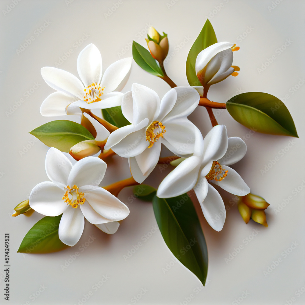 A jasmine flower from top | Jasmine flowers | Jasmine flowers with white background | Sprig of jasmine | Tea label or packaging | Generative AI | Hyper realistic | Photorealism | Digital art