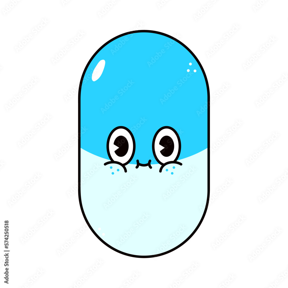 Cute funny pill character. Vector hand drawn traditional cartoon vintage, retro, kawaii character illustration icon. Isolated on white background. Pill character concept Cute funny pill character. Vector hand drawn traditional cartoon vintage, retro, kawaii character illustration icon. Isolated on white background. Pill character concept