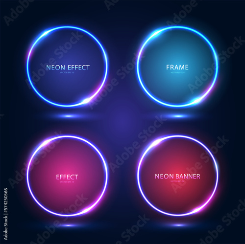 Neon frames with shining effects, highlights on a dark background. A set of round futuristic modern neon glowing banners. Vector illustration.