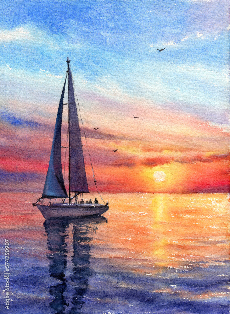 Seascape watercolor sunset with a yacht. Sunset on the sea, the ocean. Template for design, postcard, poster - obrazy, fototapety, plakaty 