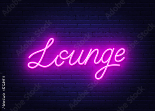 Lounge neon sign on brick wall background.