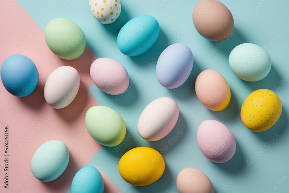 Colourful Easter eggs on pastel background. Decoration concept for greetings and presents on Easter Day celebrate time - Generative AI Colourful Easter eggs on pastel background. Decoration concept for greetings and presents on Easter Day celebrate time - Generative AI