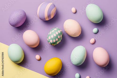 Colourful Easter eggs on pastel background. Decoration concept for greetings and presents on Easter Day celebrate time - Generative AI