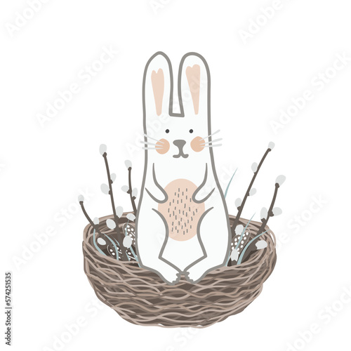 Cute Easter bunny sitting in a nest decorated with pussy willow branches. Vector illustartion isolated on white