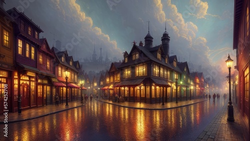 An illustration of an evening European city, with wet streets and canals. With colorful patterns.