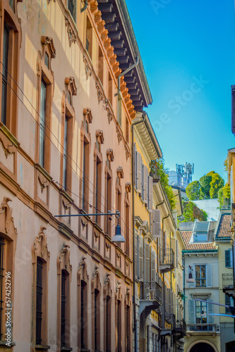 Spring in Italy, Lombardy, Milano, Como lake and city. Landscape view on hills, park, old town and water, with some interesting details, close up and panoramic.