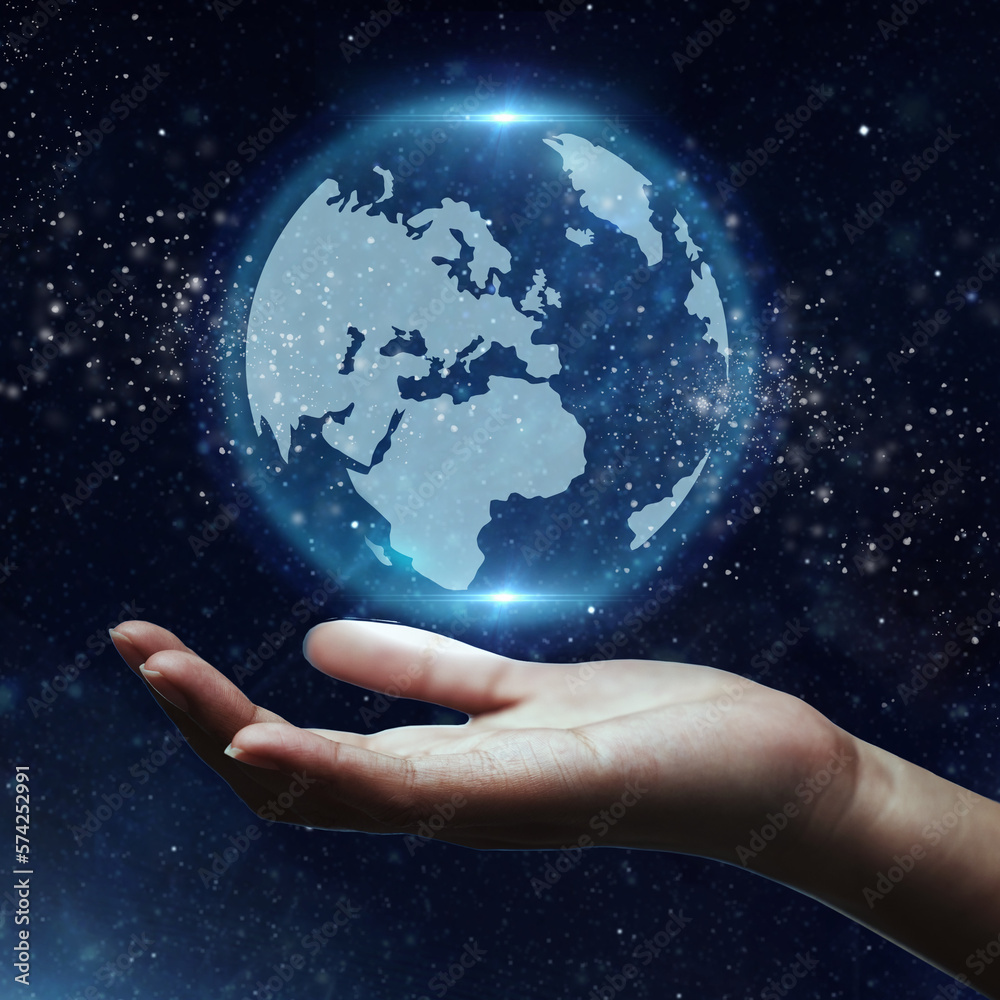 Earth day, digital universe and hand with a planet for sustainability, environment and eco friendly. Support, care and person with a holographic world with a galaxy for connection and ecology Earth day, digital universe and hand with a planet for sustainability, environment and eco friendly. Support, care and person with a holographic world with a galaxy for connection and ecology