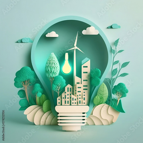 Valokuvatapetti Paper cutout of a light bulb with a green eco city inside