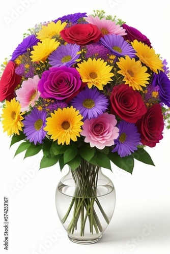 Beautiful bouquet of flowers on bright background    hrysanthemums and roses in a vase  Generative AI Art Illustration 01