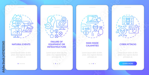 What is disaster blue gradient onboarding mobile app screen. Failures walkthrough 4 steps graphic instructions with linear concepts. UI, UX, GUI template. Myriad Pro-Bold, Regular fonts used