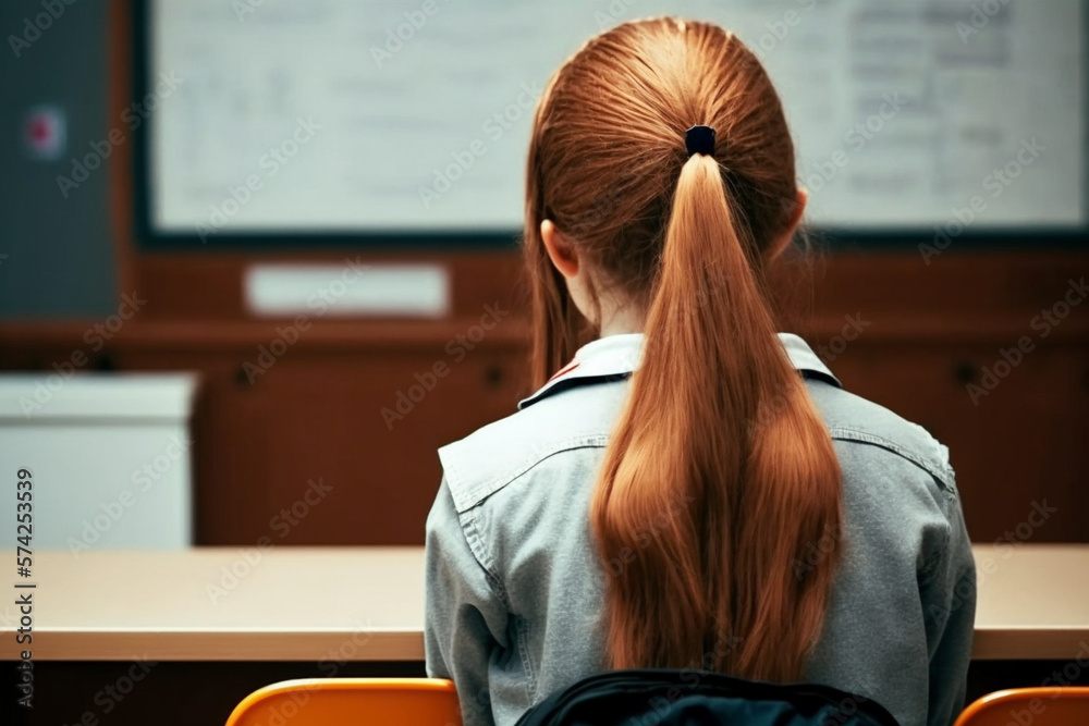 Schoolgirl sitting at a desk in the classroom. AI generated. Back view ...