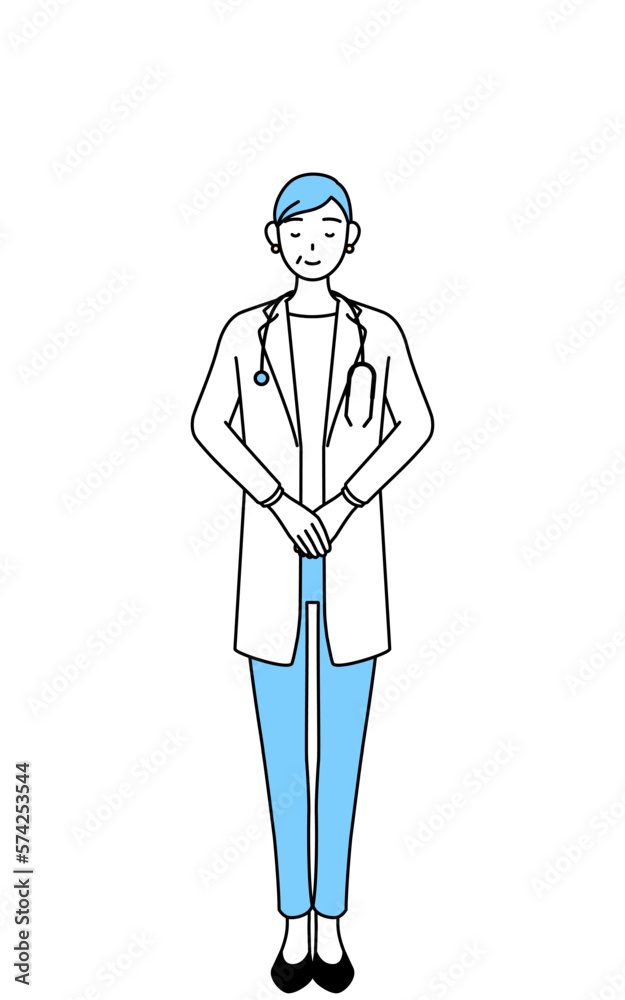 手を組んでお辞儀する聴診器をかけた白衣の女性医師、シニア・中高年のベテラン医師